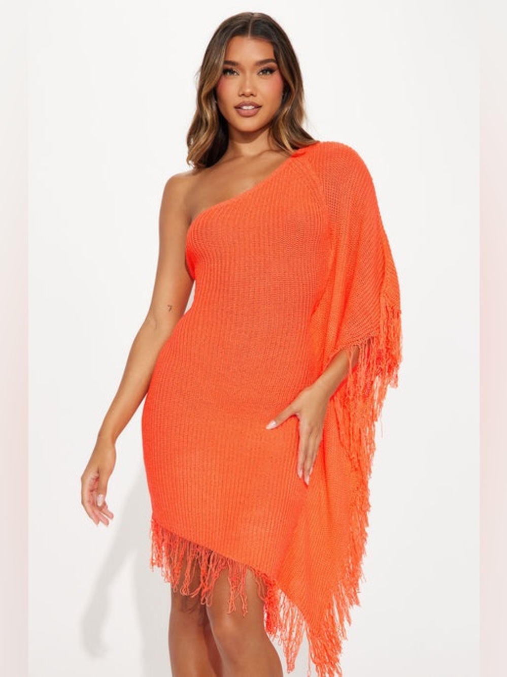 Fashion Nova Taylor Solid Fringe Knit Mini Dress - Orange Neon One-Shoulder plus